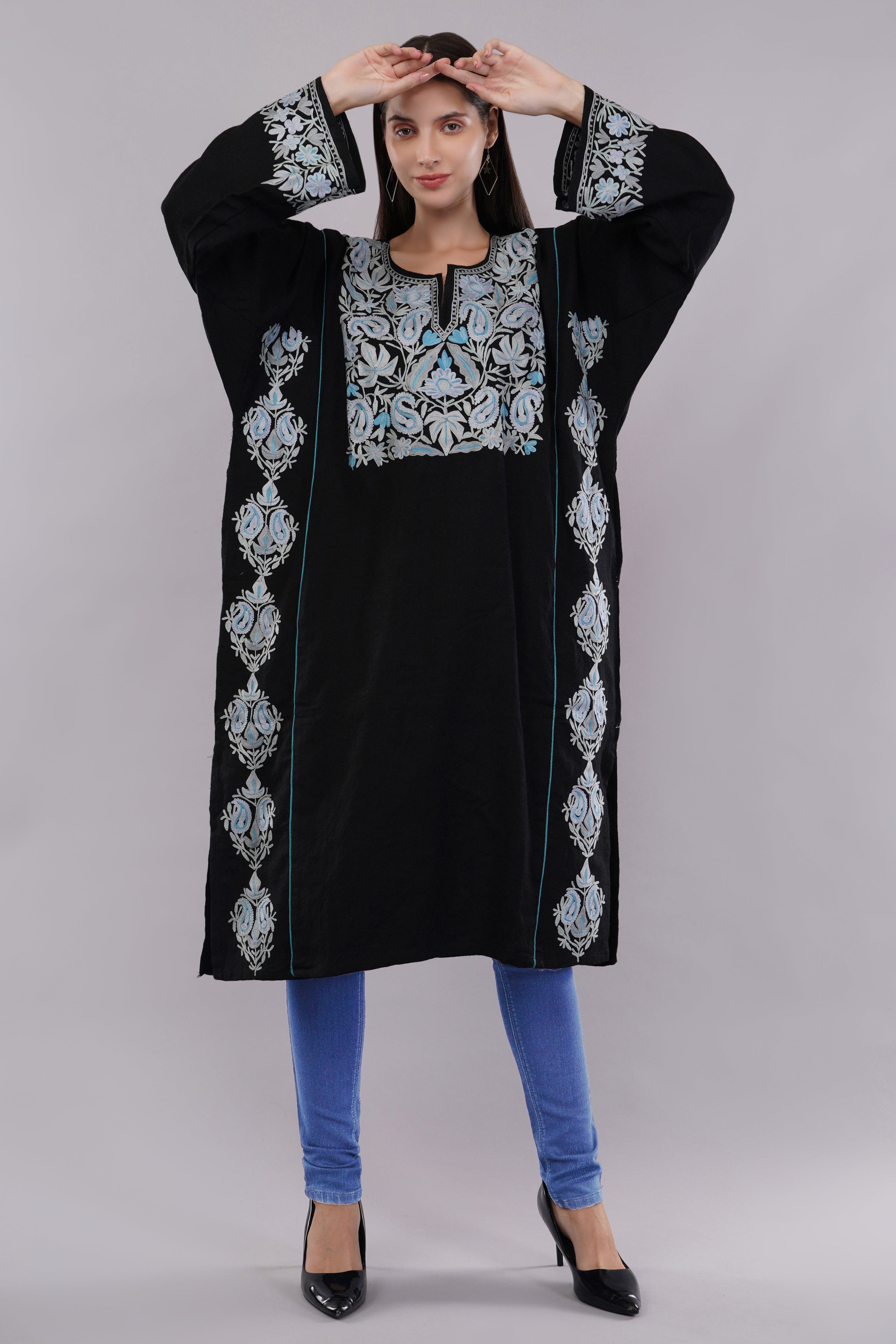 Black Kashmiri Pheran with Grey & Moonstone Blue Aari Embroidery