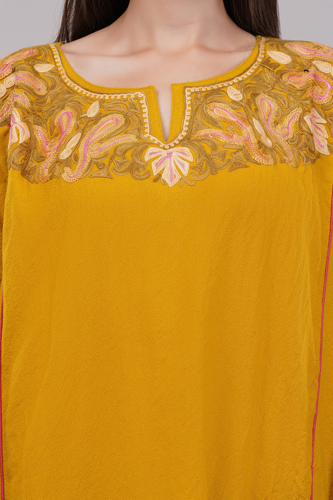 Mustard Yellow Kashmiri Pheran with Delicate Aari Embroidery