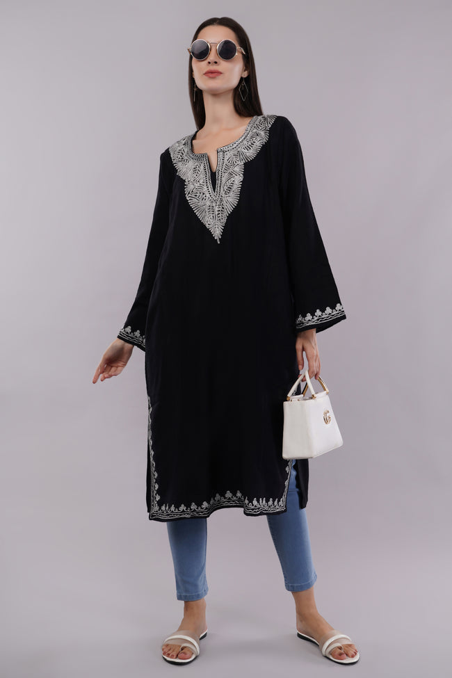 Midnight Black Kashmiri Pheran with Silver Zari Embroidery