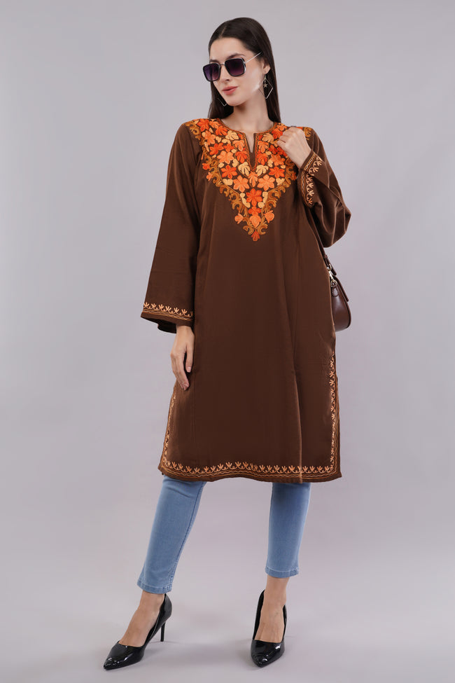 Chocolate Brown Aari Embroidered Pheran