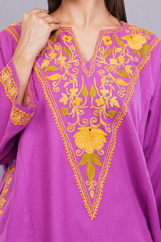 Pink Kashmiri Pheran with Yellow Floral Aari Embroidery