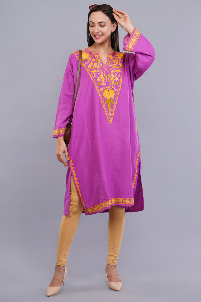 Pink Kashmiri Pheran with Yellow Floral Aari Embroidery