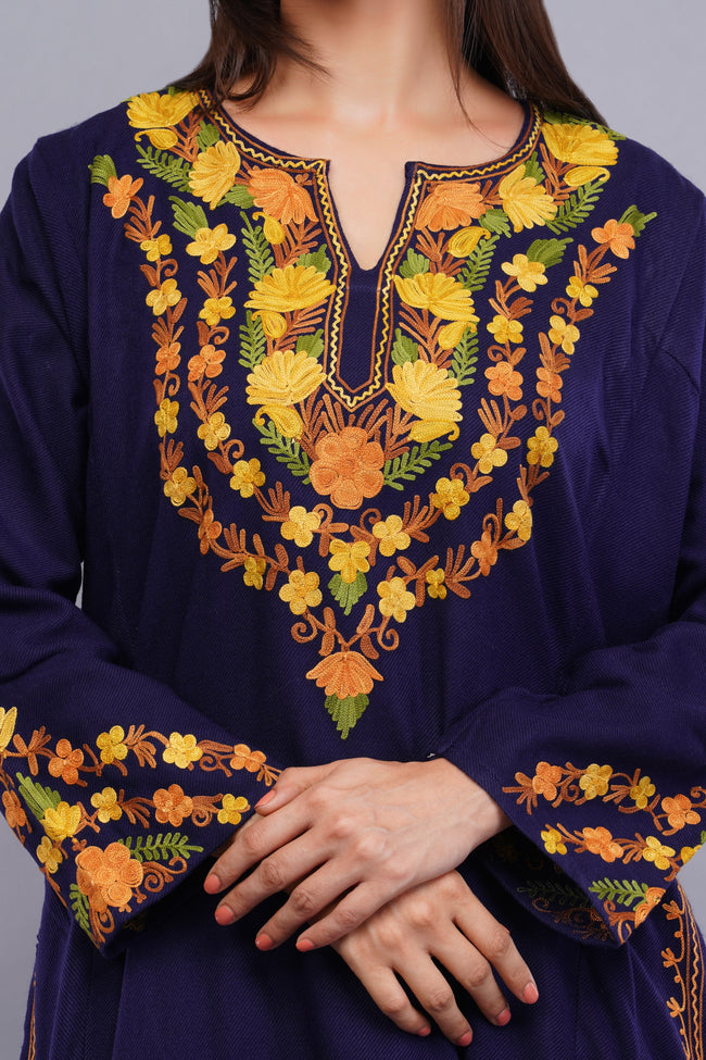 Blue Fine Cashmilon Pheran with Orange and Yellow Floral Aari Embroidery