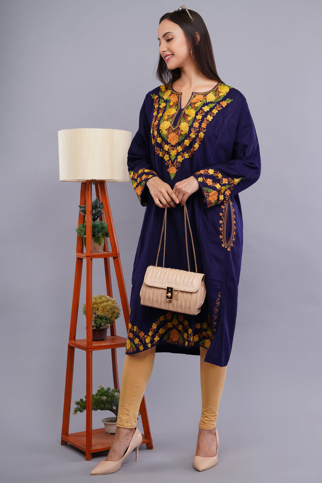 Blue Fine Cashmilon Pheran with Orange and Yellow Floral Aari Embroidery