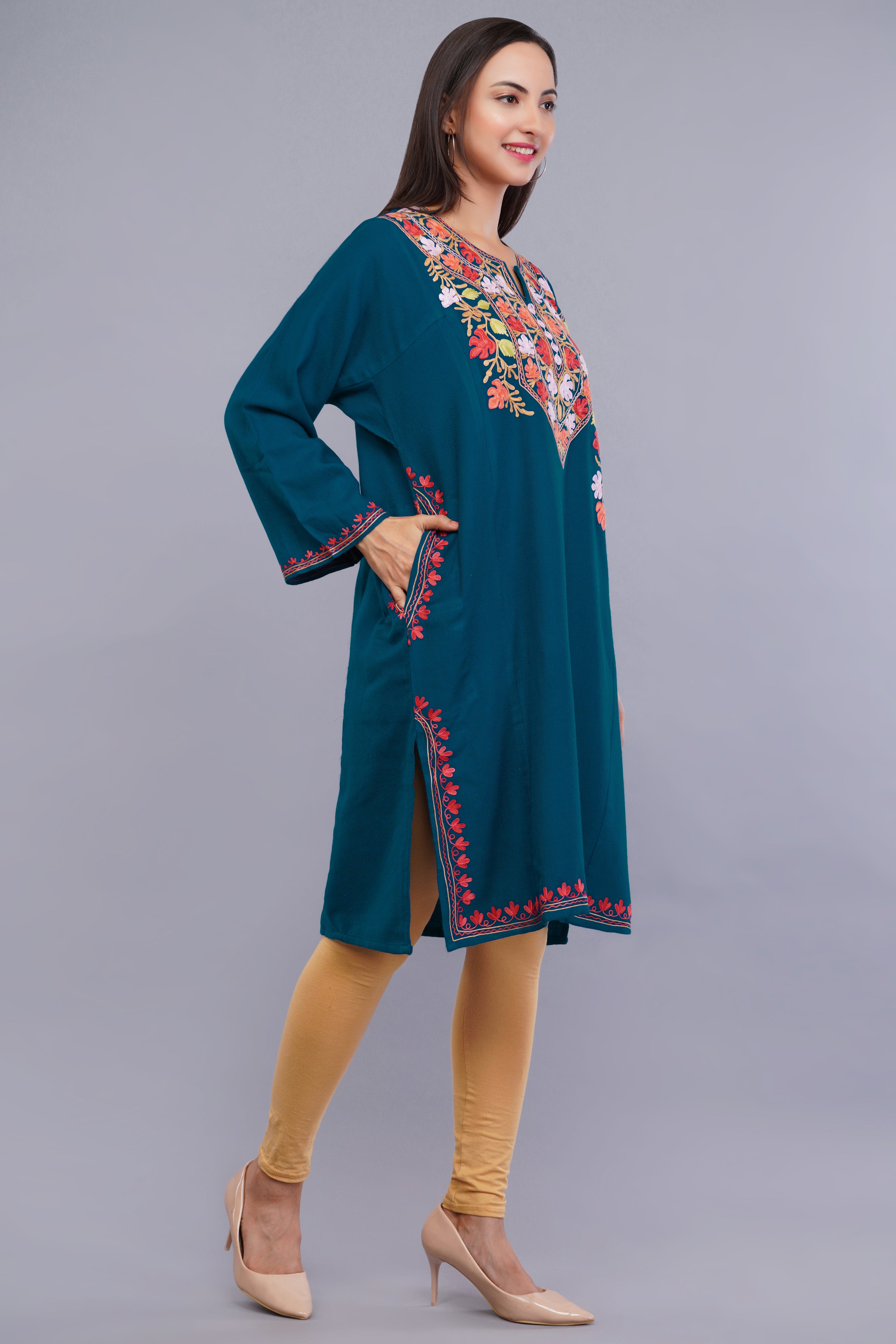 Teal Blue Fine Cashmilon Pheran with Aari Embroidery