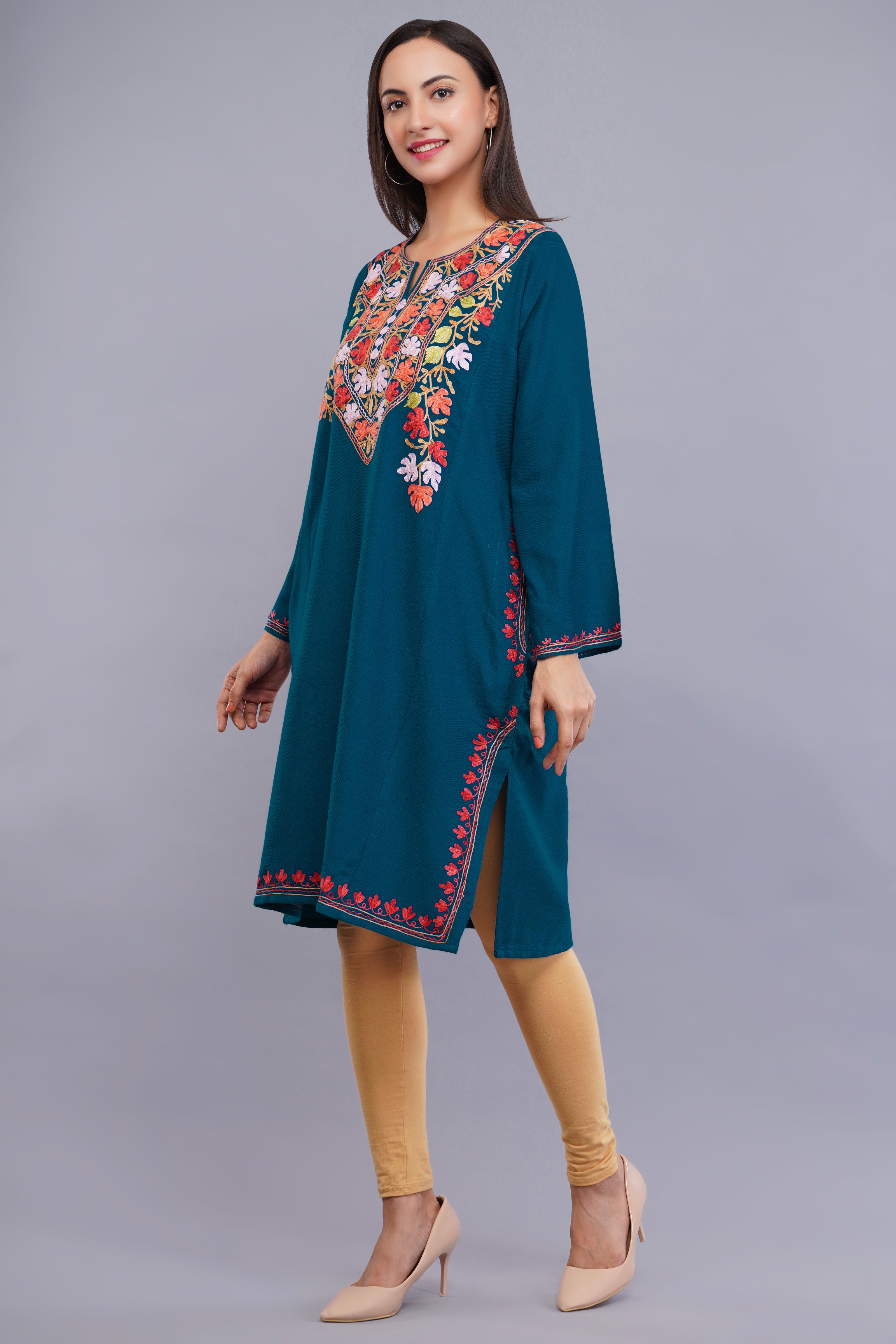 Teal Blue Fine Cashmilon Pheran with Aari Embroidery