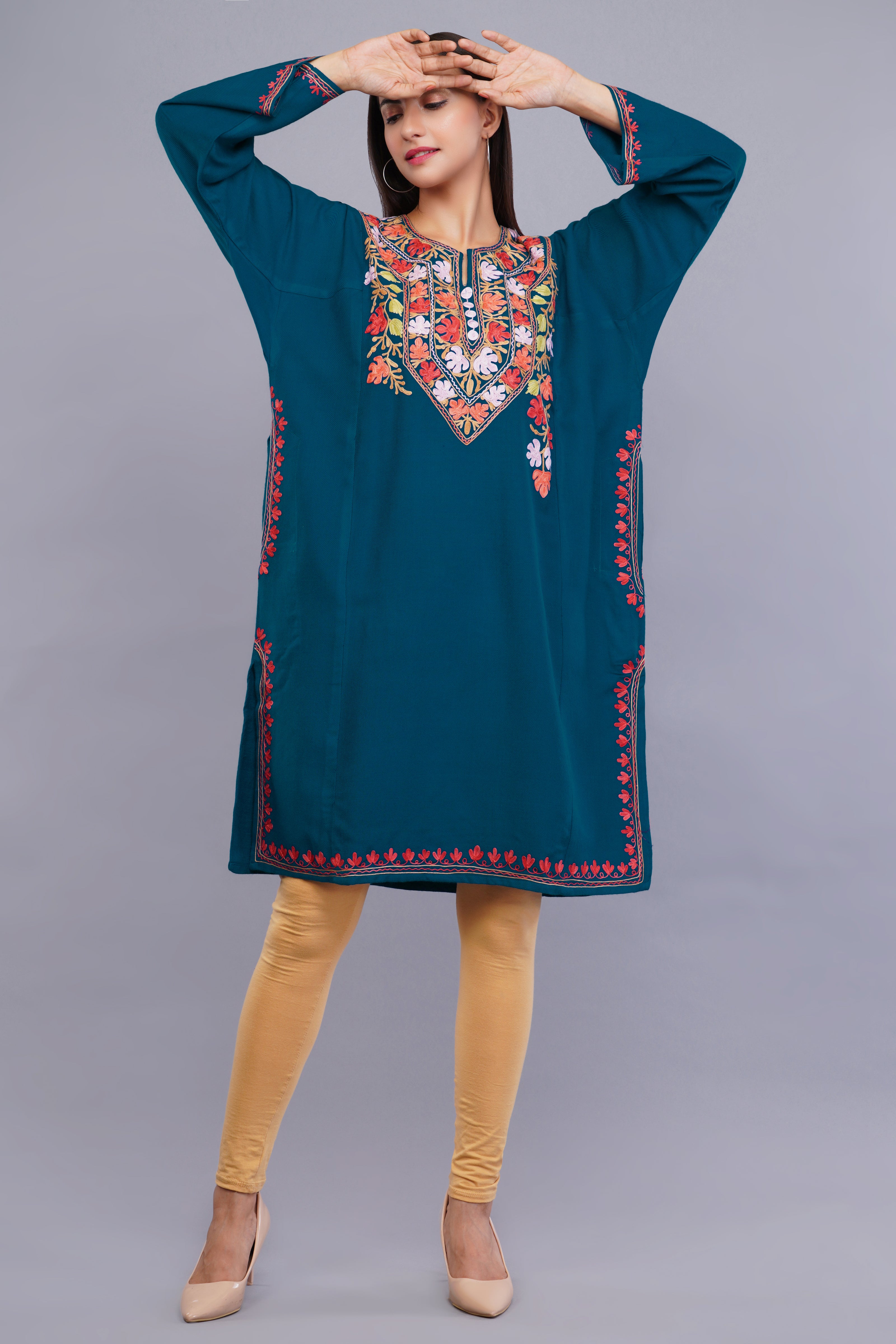 Teal Blue Fine Cashmilon Pheran with Aari Embroidery