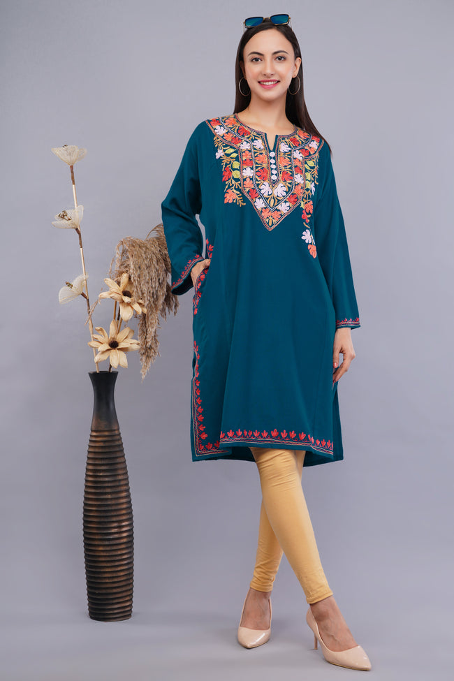 Teal Blue Fine Cashmilon Pheran with Aari Embroidery