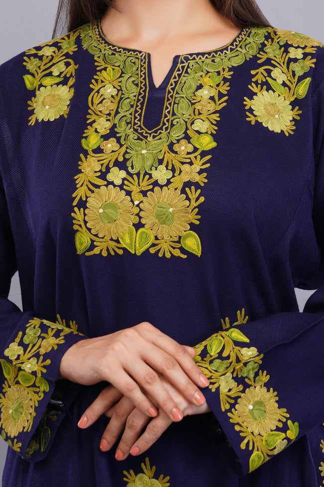 Navy Blue Fine Cashmilon Pheran with Green and Gold Aari Embroidery