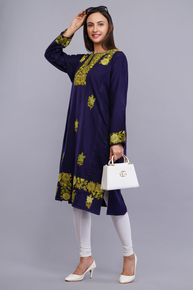 Navy Blue Fine Cashmilon Pheran with Green and Gold Aari Embroidery