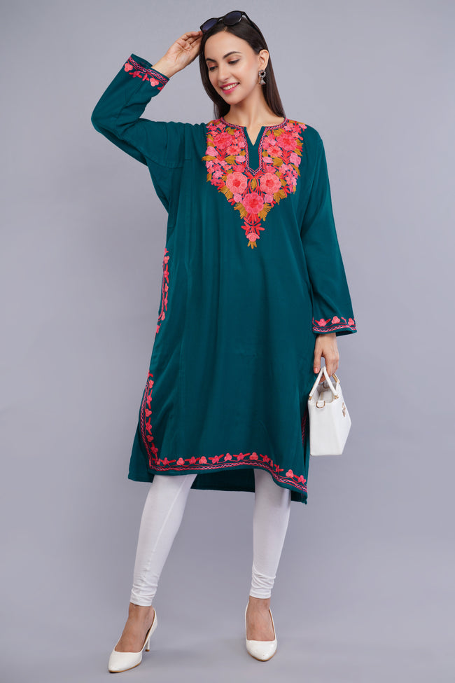 Sherpa Blue Kashmiri Pheran with  Poshkaar Design Aari Embroidery