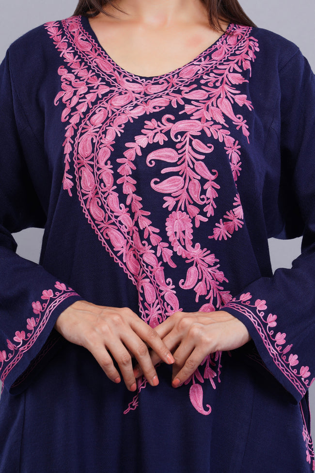 Royal Blue Kashmiri Pheran with Pink Aari Embroidery and Large Paisley Floral Design