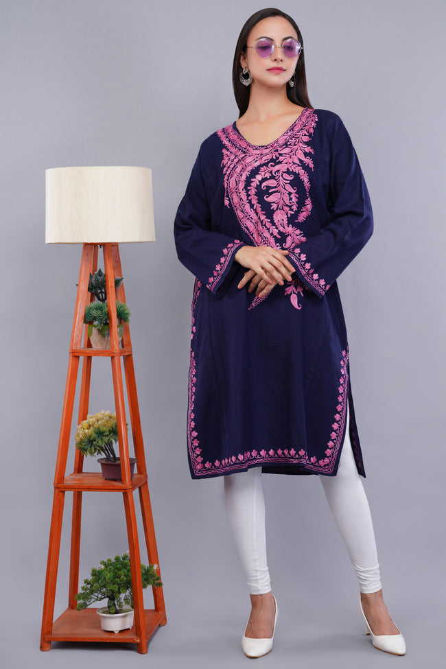 Royal Blue Kashmiri Pheran with Pink Aari Embroidery and Large Paisley Floral Design