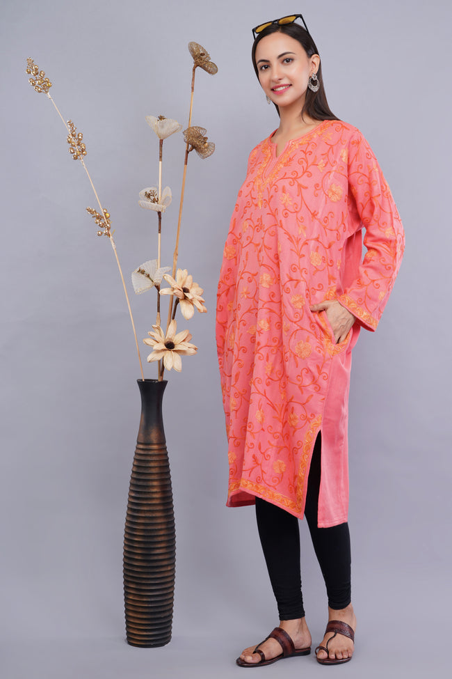 Sweet Pink Kashmiri Pheran with All-Over Jamawar Aari Embroidery