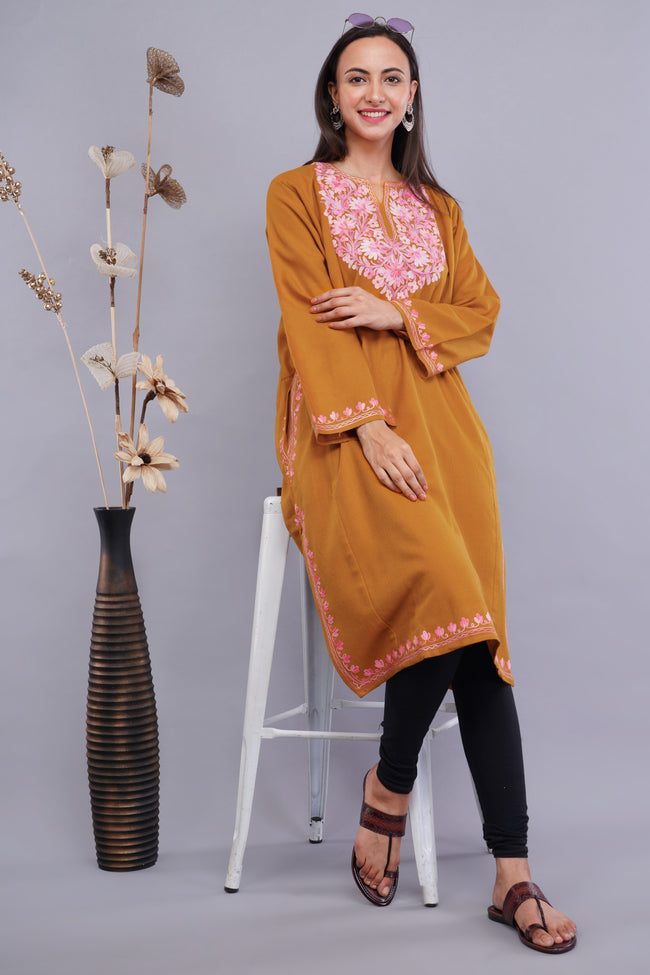 Saffron Blaze Kashmiri Pheran with Light Pink Aari Embroidery