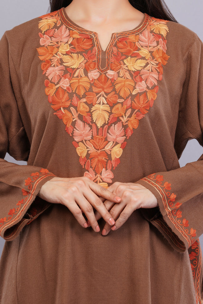 Burnt Copper Kashmiri Pheran with Aari Embroidery