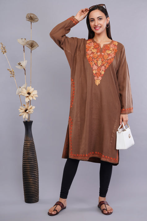 Burnt Copper Kashmiri Pheran with Aari Embroidery