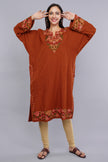 Classic Brick Pheran with Paisley Aari Embroidery and Bold Shirttail Design Pure Wool