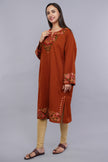 Classic Brick Pheran with Paisley Aari Embroidery and Bold Shirttail Design Pure Wool