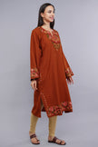 Classic Brick Pheran with Paisley Aari Embroidery and Bold Shirttail Design Pure Wool