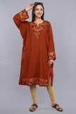 Classic Brick Pheran with Paisley Aari Embroidery and Bold Shirttail Design Pure Wool