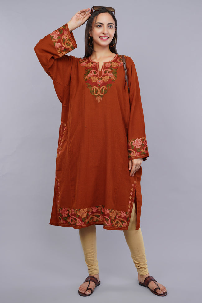 Classic Brick Pheran with Paisley Aari Embroidery and Bold Shirttail Design Pure Wool